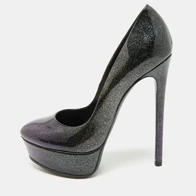 Pre-owned Casadei Daisy Size 38.5 Purple/gold Patent Leather Platform Pumps