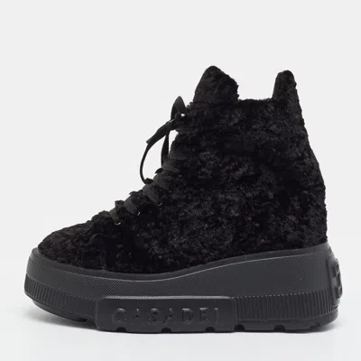 Pre-owned Casadei Ecoshe Size 39.5 Black Faux Fur Lace Up Combat Boots