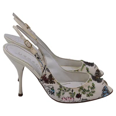 Pre-owned Casadei Embellished Slingback Peep-toe Pumps In Multicolor Satin In Gray