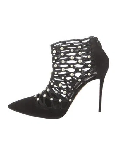 Pre-owned Casadei Faux Pearl Accents Suede Boots In Black