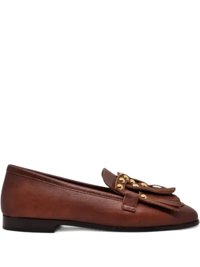 Casadei Fringe-embellished Studded Loafers In Brown
