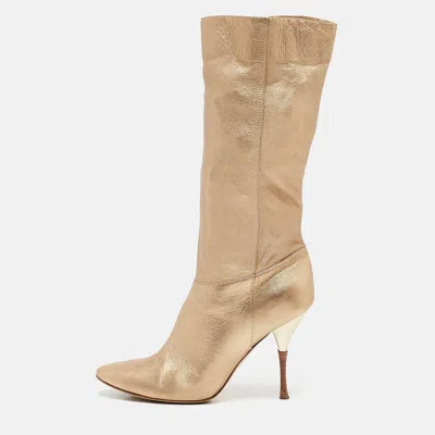Casadei Gold Leather Mid Calf Boots In Brown