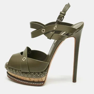 Pre-owned Casadei Green Leather Peep Toe Platform Ankle Strap Sandals Size 39