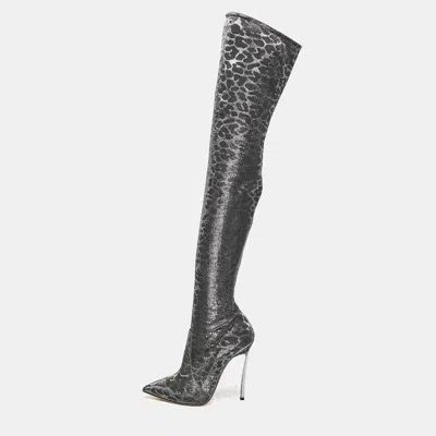 Pre-owned Casadei Grey Leopard Print Lurex Fabric Thigh High Boots Size 36