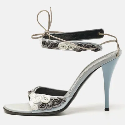Pre-owned Casadei Grey Satin Floral Ankle Tie Up Sandals Size 38