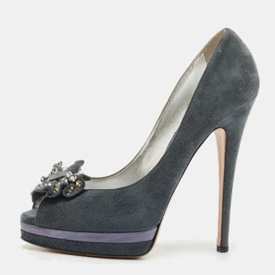 Casadei Grey Suede Crystal Embellished Bow Peep Toe Pumps In Brown