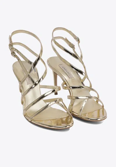 Casadei Julia 80 Metallic Leather Cage Sandals In Gold