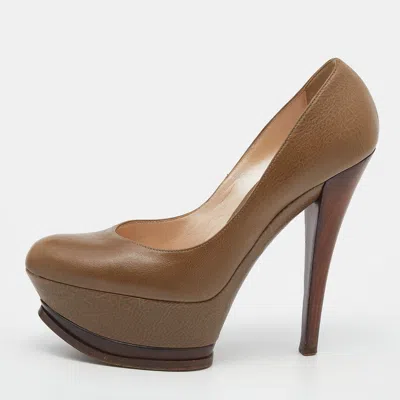 Casadei Khaki Leather Platform Pumps Size 37.5 In Animal Print