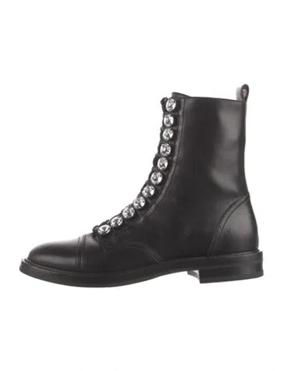 Pre-owned Casadei Leather Crystal Embellishments Combat Boots In Black