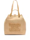 Casadei Leather-plaque Raffia Tote Bag In Neutral