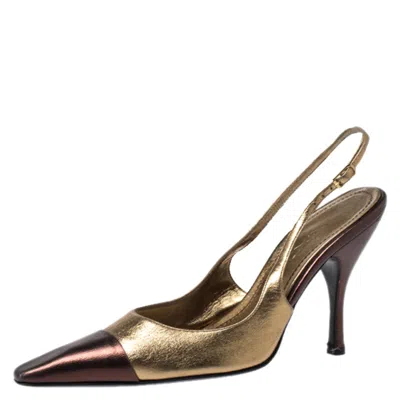 Casadei Metallic Gold/brown Leather Pointed Toe Slingback Sandals