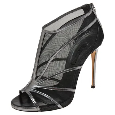 Casadei Metallic Grey/black Leather And Mesh Open-toe Ankle Booties