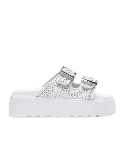 Casadei 'birky Ale' White Slippers With Cornely Embroidery And Xl Buckles In Fabric Woman