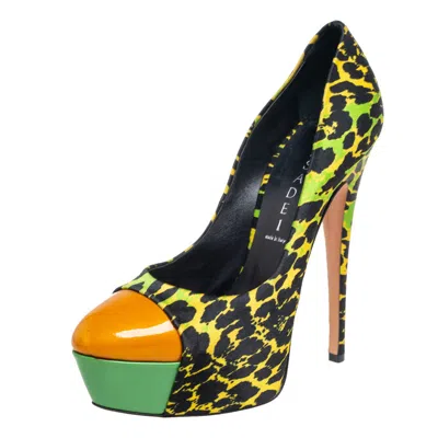Casadei Multicolor Satin And Patent Leather Cap Toe Platform Pumps Size 37.5 In Black