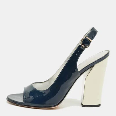 Casadei Navy Blue Patent Leather Open Toe Slingback Pumps