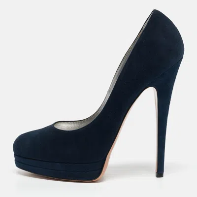 Casadei Navy Blue Suede Platform Pumps