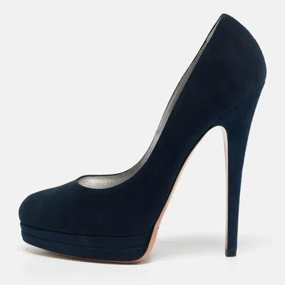 Casadei Navy Blue Suede Platform Pumps Size 38 In Multi