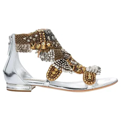 Pre-owned Casadei New $2100  Leather Gold Silver Studded Embellished Flat Sandals It 36 - 6 In Gray