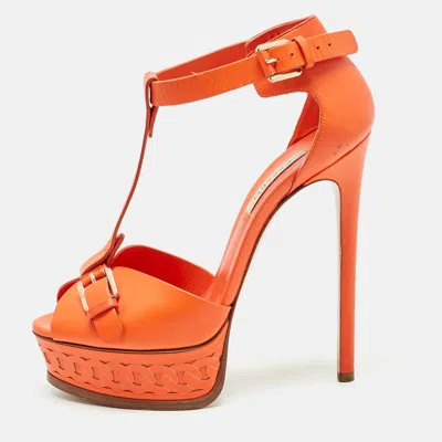 Casadei Orange Leather Platform Ankle Strap Sandals