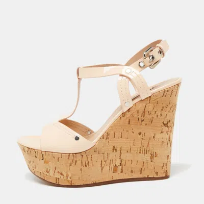 Casadei Pale Pink Patent Leather Cork Wedge T Strap Sandals