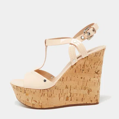Casadei Pale Pink Patent Leather Cork Wedge T Strap Sandals Size 41 In Multi