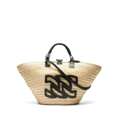 Casadei Panarea Raffia Basket Bag - Woman  Natur And Black Qt