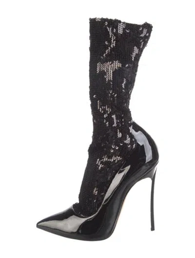 Pre-owned Casadei Patent Leather Sequin Embellishments Boots In Black
