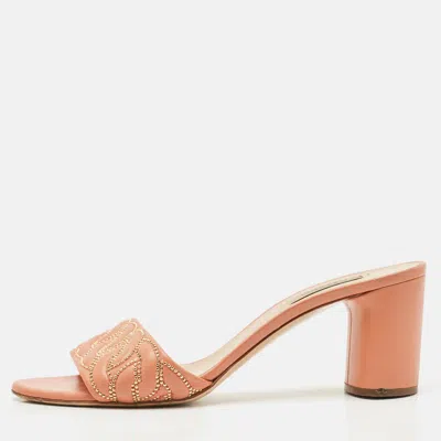 Casadei Peach Pink Leather Block Heel Studded Slide Sandals In Orange