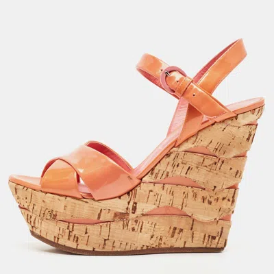 Pre-owned Casadei Pink Patent Leather Cork Wedge Ankle Strap Sandals Size 38