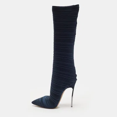 Pre-owned Casadei Plisse Size 39 Navy Blue Fabric Ankle Length Boots