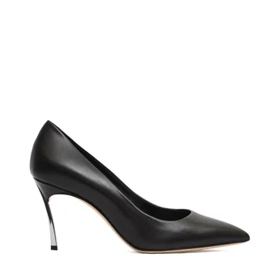 CASADEI POINTED TOE BLACK LEATHER PUMPS WITH 80MM BLADE HEEL