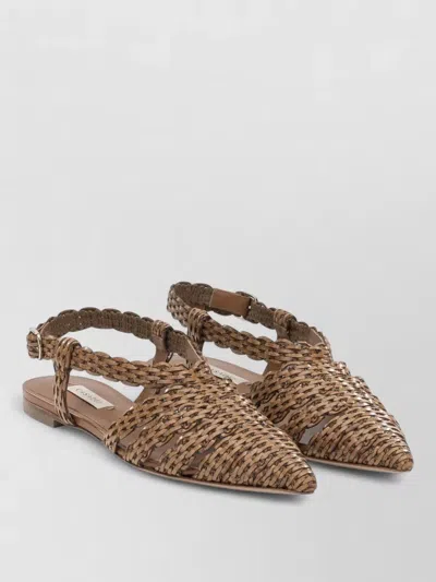 Casadei Pointed Toe Flat Woven Slingback Sandals In Brown