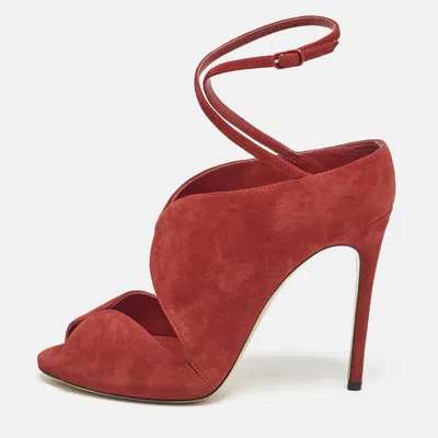 Pre-owned Casadei Red Suede Cut Out Ankle Strap Booties Size 37.5