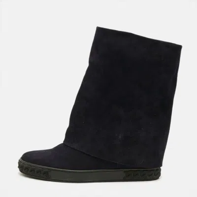 Pre-owned Casadei Renna Gotham Size 41 Navy Blue Suede Wedge Sneakers