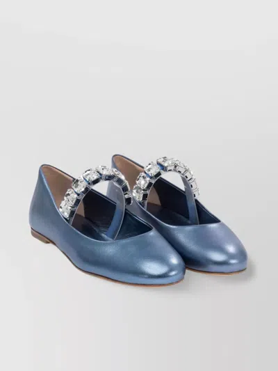 Casadei Round Toe Flat Sole Embellished Strap Ballerinas In Blue