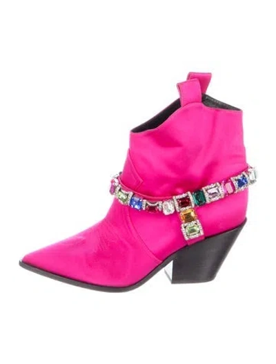 Pre-owned Casadei Satin Crystal Embellishments Sock Boots In Pink