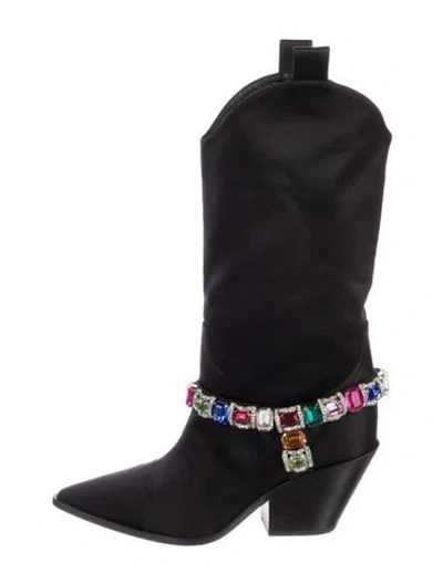 Pre-owned Casadei Satin Crystal Embellishments Western Boots In Blue