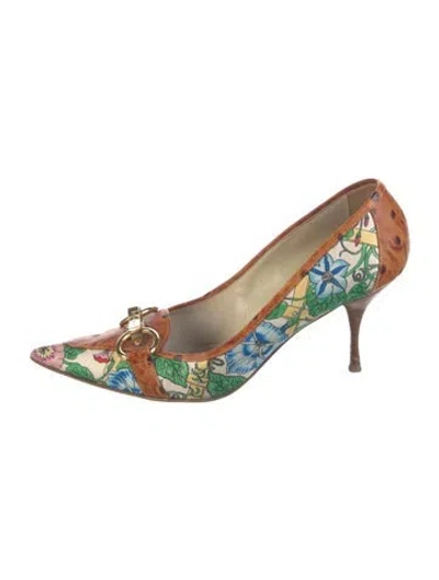 Pre-owned Casadei Satin Floral Print Pumps In Brown/white