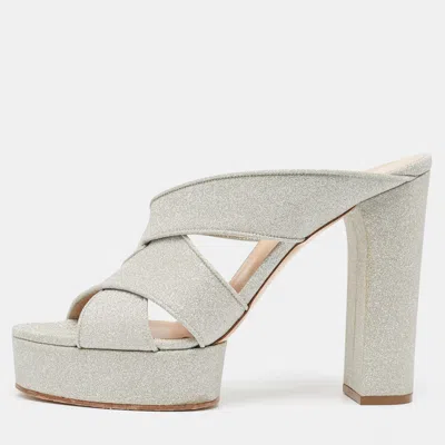 Casadei Silver Glitter Leather Slide Sandals