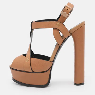 Casadei Size 35 Brown Leather Platform Sandals In Animal Print