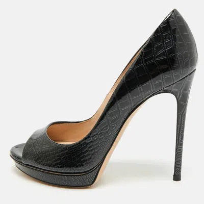Pre-owned Casadei Size 36.5 Black Croc Embossed Patent Leather Peep Toe Pumps
