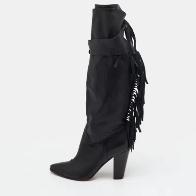 Pre-owned Casadei Size 36.5 Black Leather Fringe Detail Knee Length Boots