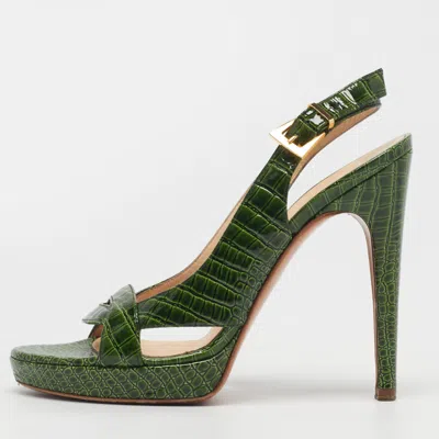 Pre-owned Casadei Size 36.5 Green Croc Embossed Leather Slingback Pumps