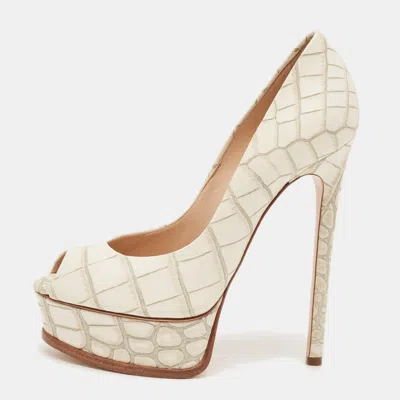 Pre-owned Casadei Size 37 Cream Croc Embossed Leather Platform Pumps In White