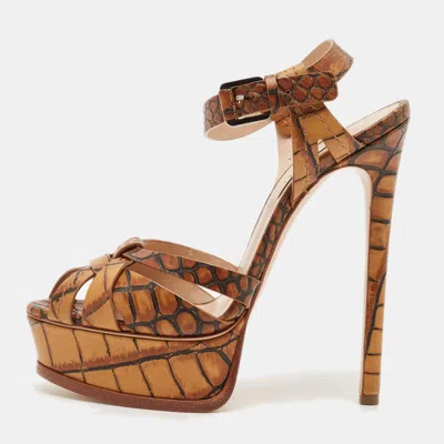 Pre-owned Casadei Size 37 Tan Croc Embossed Leather Ankle Strap Platform Sandals In Brown