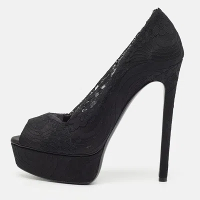 Pre-owned Casadei Size 37.5 Black Lace And Satin Platform Pumps