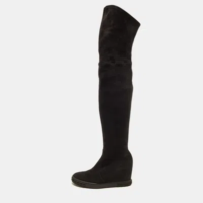 Pre-owned Casadei Size 38 Black Suede Wedge Knee Length Boots