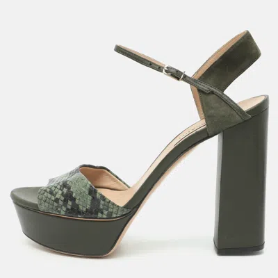 Pre-owned Casadei Size 38 Green Snake Print Leather And Suede Ankle Strap Platform Sandals