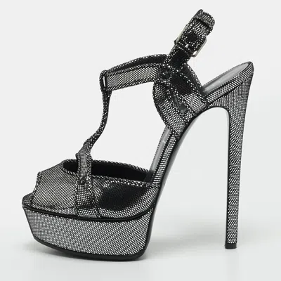 Pre-owned Casadei Size 38 Silver/blaack Texture Suede Ankle Strap Sandals