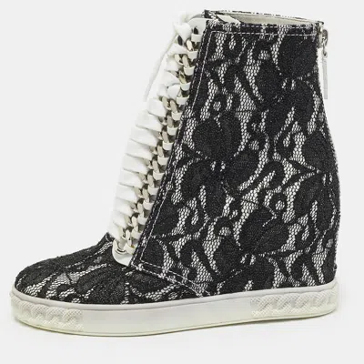 Pre-owned Casadei Size 38.5 Black Lace And Leather Wedge Sneakers